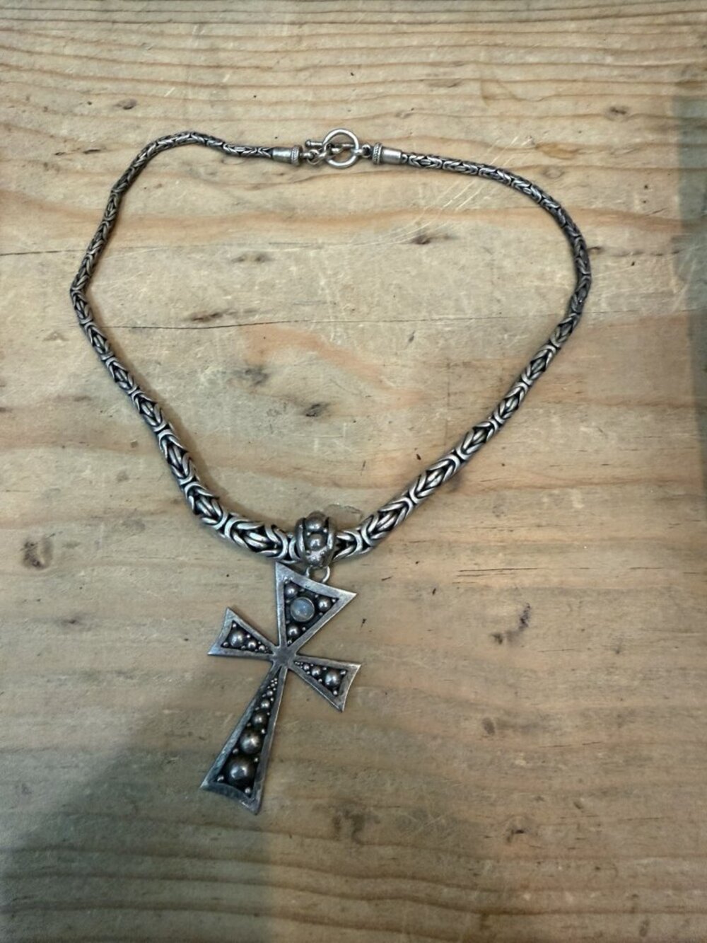 Vintage Sterling Silver Suarti BA .925 Cabochon Moonstone Cross Pendant & Chain